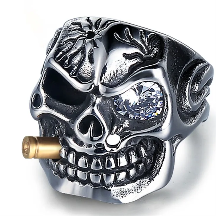 Skull Bullet Eye Gemstone Statement Ring