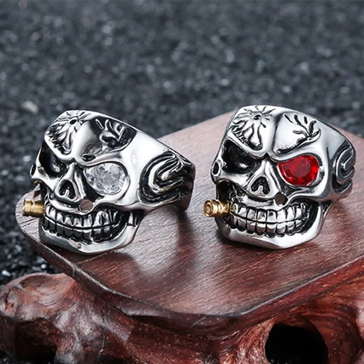 Skull Bullet Eye Gemstone Statement Ring factory